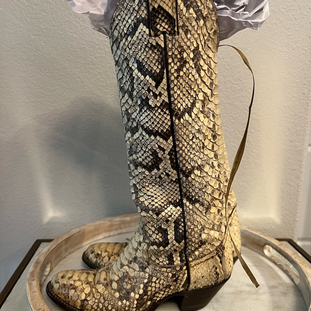 Python-Print Knee-High Western Boots in Cream and Black